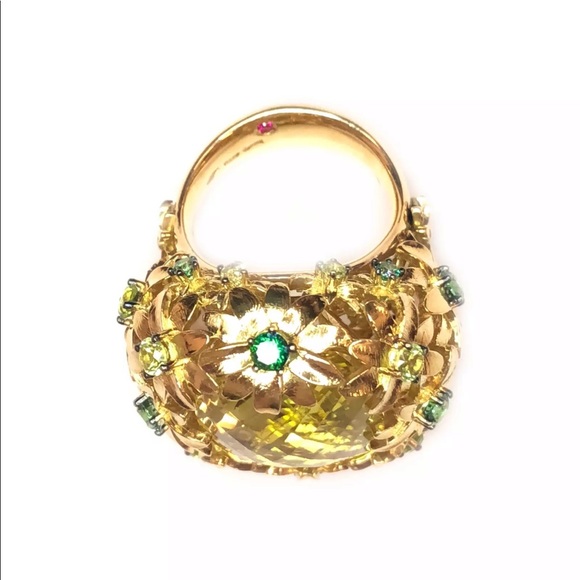 18K Gucci Flower Cocktail Citrine and Emerald Ring - Picture 3 of 6